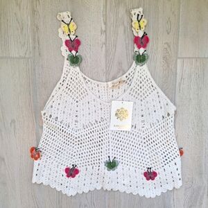 Rebellion Colorful Butterfly  Embellished White Boho Crochet Tank Top Size Small